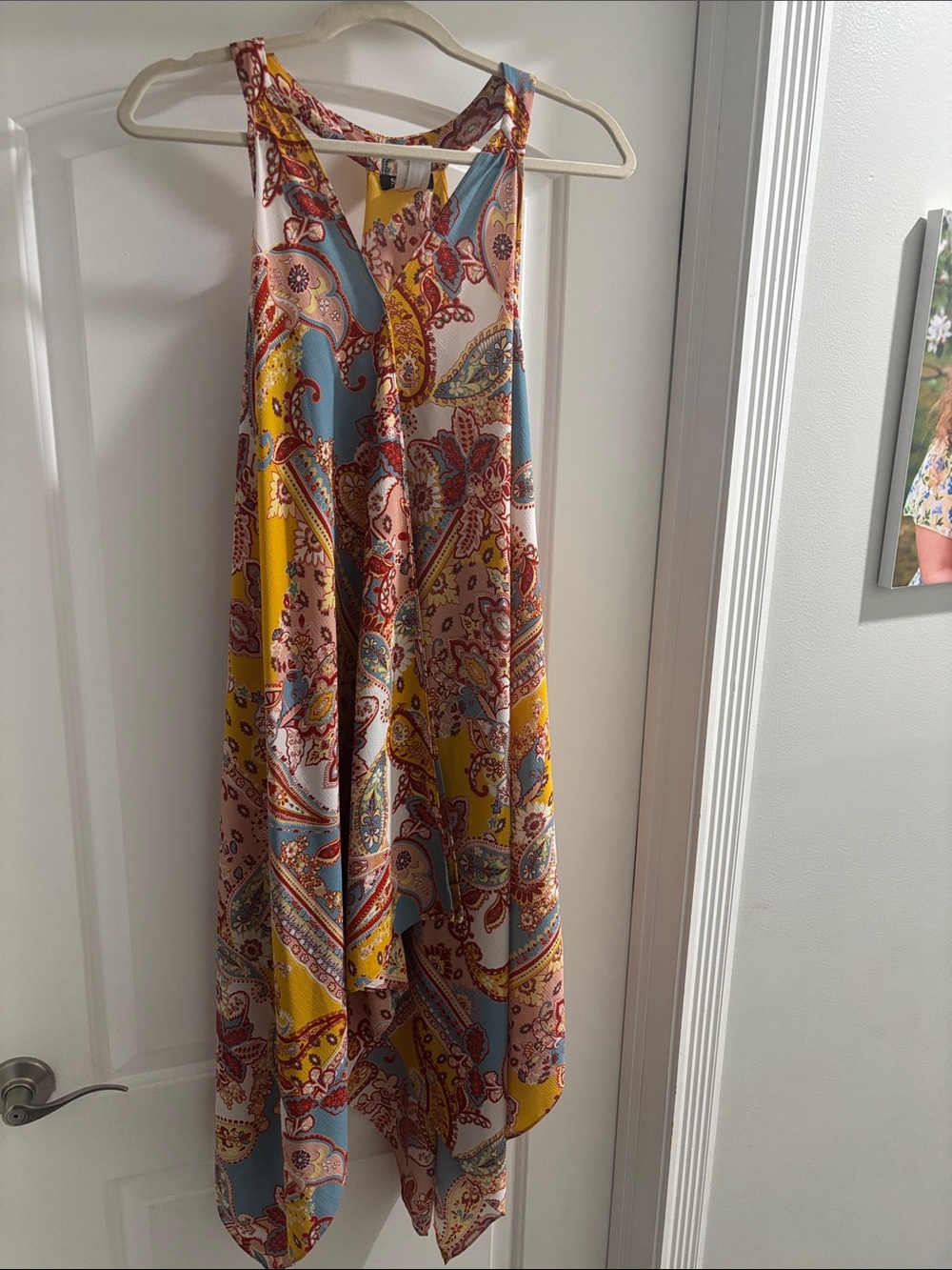 SLNY Paisley Handkerchief Midi Dress in Yellow, Blue & Pink